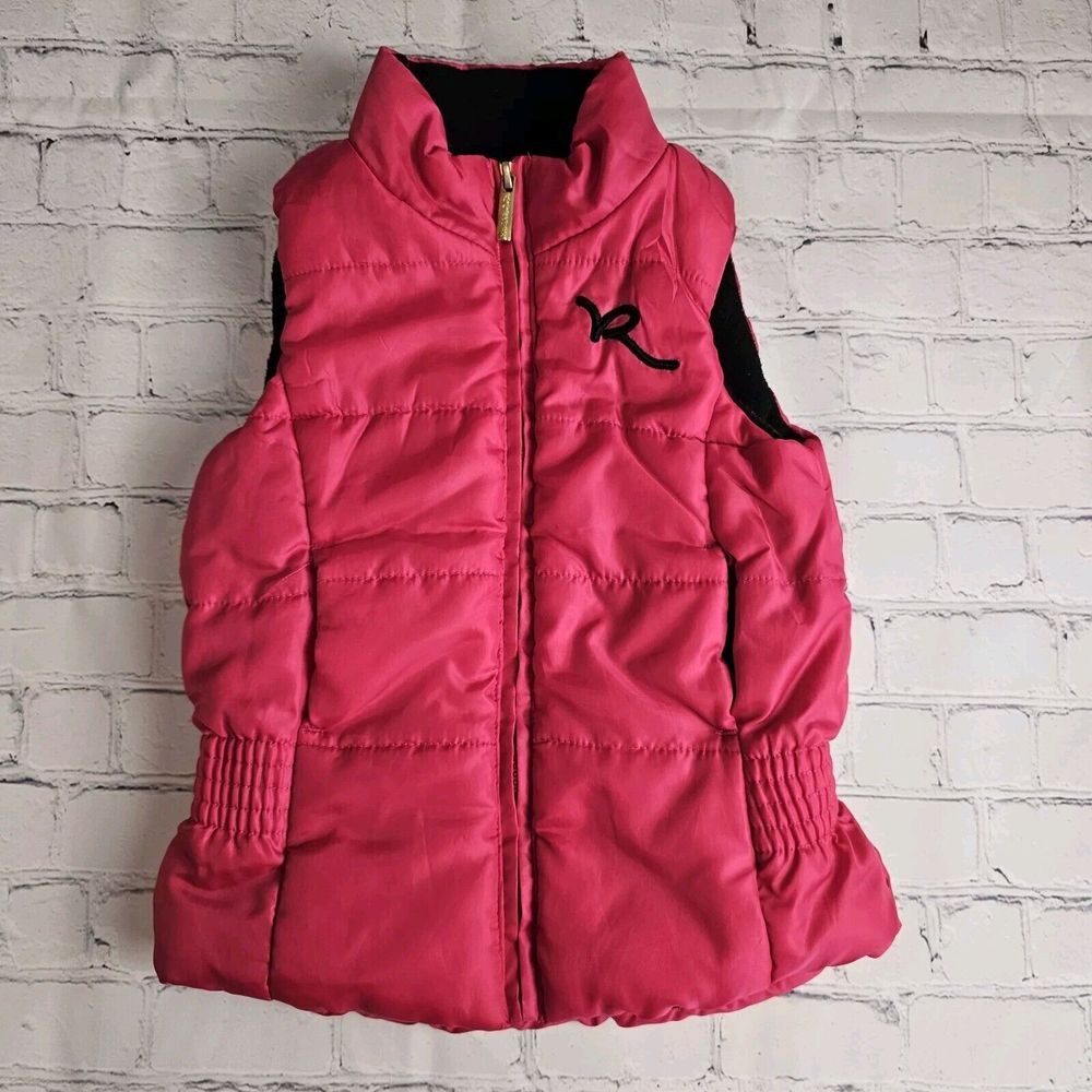 Rockawear‎ Quilted Vest Toddler Girls 4T Hot Pink Zip Up Logo Pockets Puffer VTG